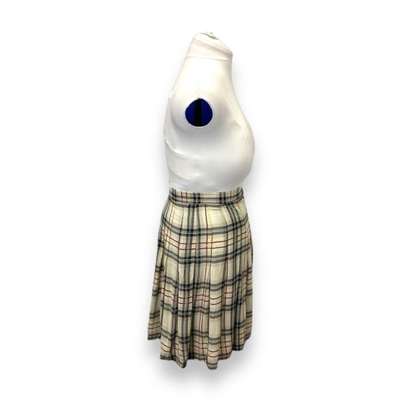 Vintage 90s Y2K Michael K & Company Beige Plaid Pleated Knee Length A-line Skirt - Picture 2 of 10
